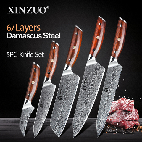 XINZUO Damascus Steel Kitchen Knives Set Japanese Style Chef Bread Meat Santoku Cleaver Paring Kitchen Knife Kitchen Accessories ► Photo 1/6