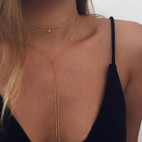 2022 Simple Gold Silver Color Chain Choker Necklace Long Beads Tassel Chocker Necklaces For Women collar collier ras du cou ► Photo 1/6