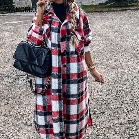 Yangelo Harajuku Plaid Long Coat Women 2022 Spring Autumn Lapel Retro Red Gray Jacket Female Plus Size Loose Long Sleeve Warm ► Photo 1/4