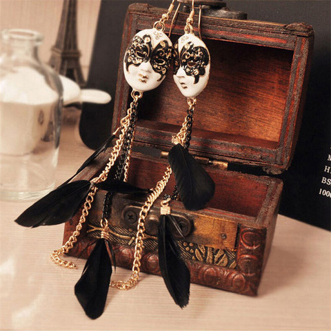 1 Pair Vintage Baroque Chain Feather Tassel Chain Mask Long Drop Earrings for Women ► Photo 1/6