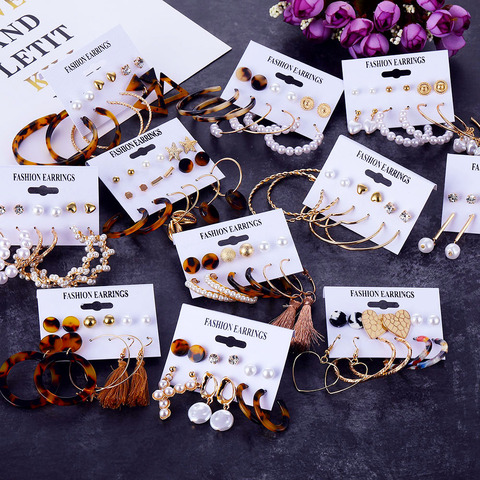 2022 Bohemian Leopard Acrylic Pearl Earrings Set for Women Fashion Geometry Tassel Handmade Earrings Jewelry Gift Set ► Photo 1/6