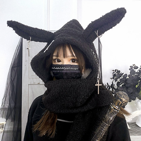 Ruibbit Hot Girl Punk Japanese Rabbit Ear Cap Chain Cross Headdress Scarf Plush Hooded Hat Winter Warm Windproof Scarf Woman ► Photo 1/5