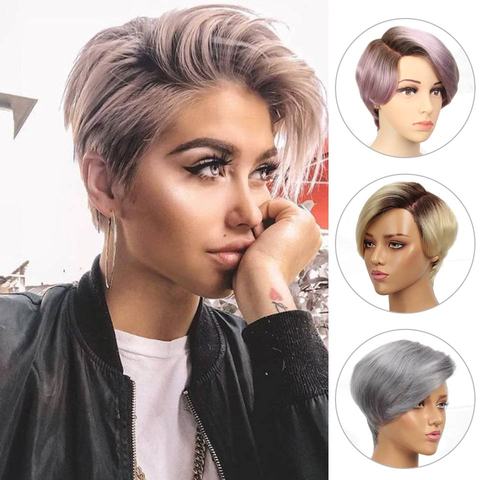 Rebecca Short Straight Hair Lace part wig Lace front Human Hair Wigs For Women Peruvian Remy hair Ombre Pink Blond Fashion wigs ► Photo 1/6