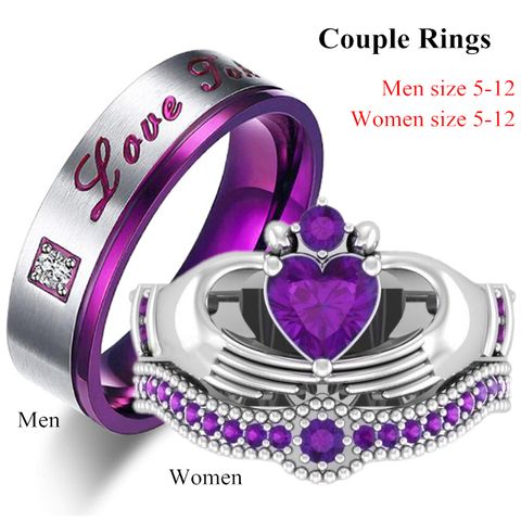 Couple Rings - Men's Stainless Steel Crystal Ring & Women's Heart Natural Purple Crystal Ring Bridal Wedding Engagement Ring Set ► Photo 1/6