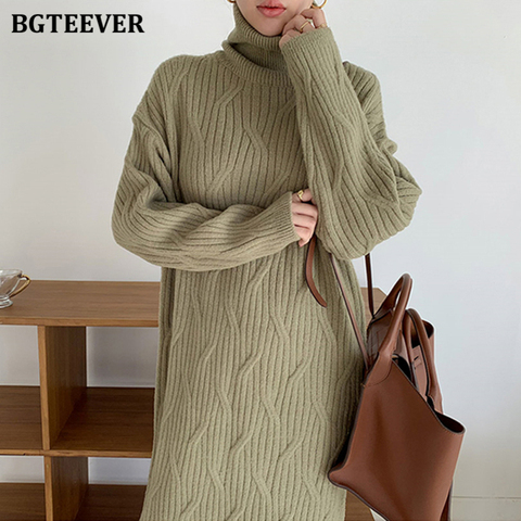 BGTEEVER Stylish Thick Turtleneck Long Twisted Knitted Jumper Dress Women Winter Warm Loose Straight Sweater Vestidos Femme 2022 ► Photo 1/6