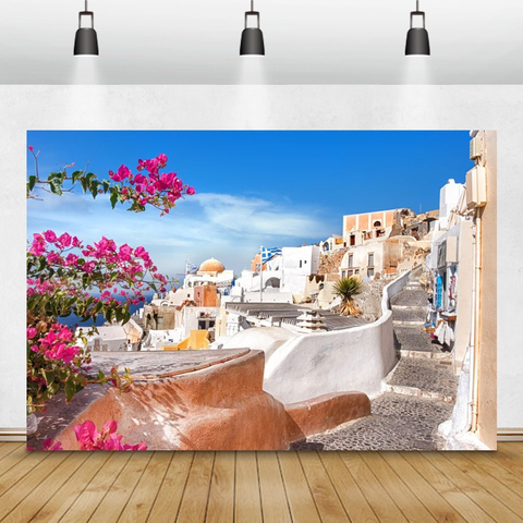 Greece Architecture Seaside Sky Flower Blossom Secenic Photography Backdrop Photographic Backgrounds Photophone For Photo Studio ► Photo 1/6