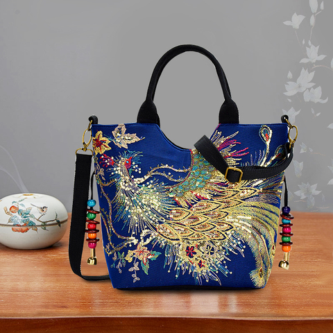 Women Shoulder Bag Handmade Embroidery Peacock Bohemia Ethnic Style Retro Handbag Large Capacity Tote Messenger Bag for Girl ► Photo 1/6