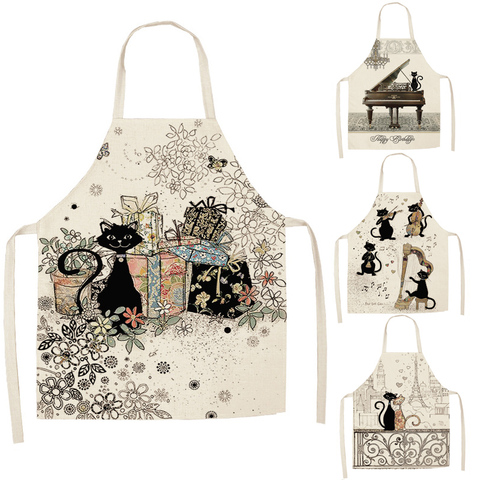 1 Pcs Cute Cat Pattern Kitchen Apron for Women Cotton Linen Bibs Household Cleaning Pinafore Home Cooking Aprons ► Photo 1/6