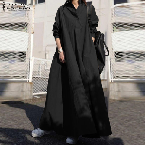 ZANZEA Autumn Stylish Women Vintage Long Sleeve Loose Sundress 2022 Casual Long Maxi Dress Kaftan Femme Solid Party Vestido Robe ► Photo 1/6