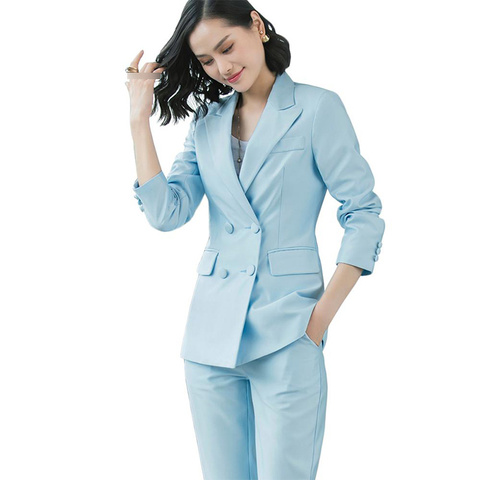 New Women Office Wear Pant Suits High, Red Coat And Blue Pantsuit
