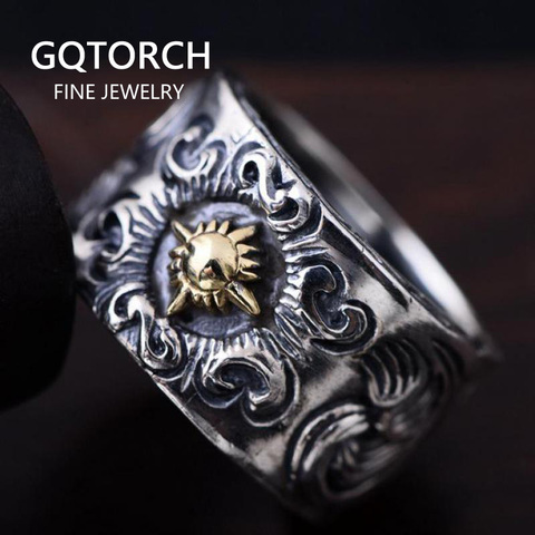 Guaranteed 925 Sterling Silver Jewelry Solar Deity Rings For Men Vintage Flower Pattern Engraved Biker Rings Cool Fashion ► Photo 1/1