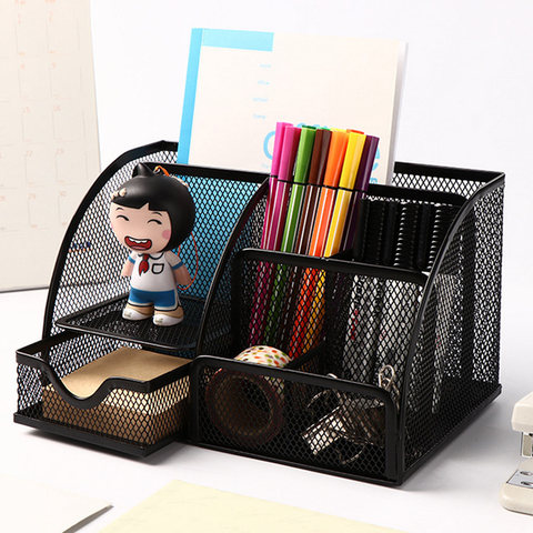 Steel Mesh Desk Organizer 6-Cells Pencil Pen Holder Caddy with 1pcs post-it Sticker for  Home Office School Desk Accessories ► Photo 1/6