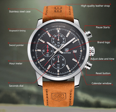 Mens Watch 2022 BENYAR Luxury Top Brand Quartz Watch Sport leather waterproof Watch chronograph military Watch Relogio Masculino ► Photo 1/6