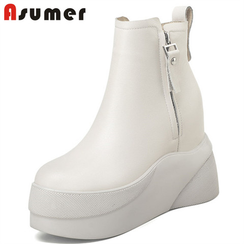 Asumer 2022 new fashion wedges platform shoes women boots genuine leather round toe zip comfortable winter ankle boots woman ► Photo 1/6