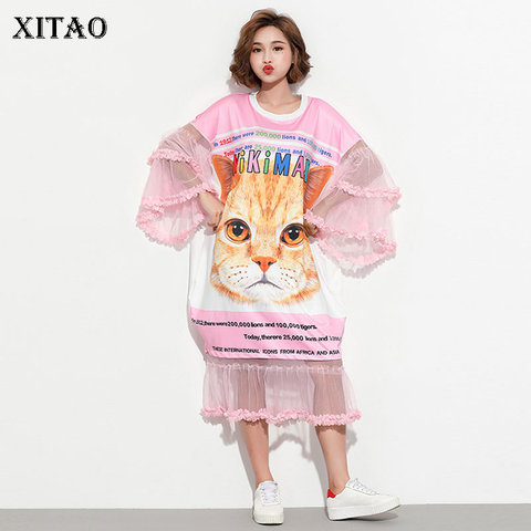 XITAO Thailand Street Print Women Dress Summer O Neck Long Sleeve Cat Pattern Splicing Mesh Tide Women Clothes New DLL2101 ► Photo 1/6