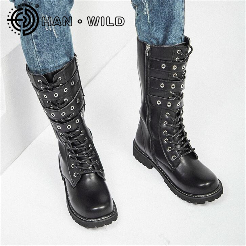 Ladies Knee High Mid Calf Lace Up Biker Punk Boots Shoes Leather