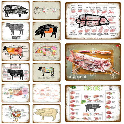 Butcher's Guide Posters and Prints Kitchen Wall Art Decor Cut Of Meat Butcher Diagram and Scheme Vintage Metal Tin Sign YL008 ► Photo 1/6
