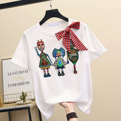 Women Luxurious Embroidery Sequins Cartoon T Shirt lady O-neck Short Sleeve Bow Tee Shirt Cotton Casual Tshirt 2022 Summer Tops ► Photo 1/6