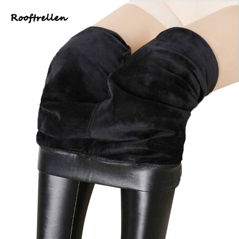 Rooftrellen 8%Spandex Plus Size Plus Velvet Leggings Women PU