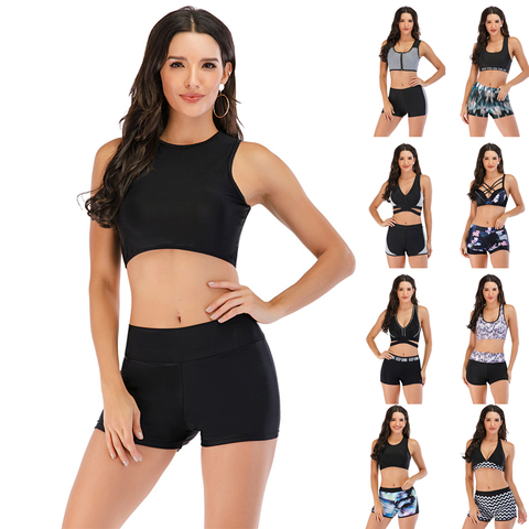 Buy Online Plus Size Bikini Women Solid Swimwear Sport Style Swimsuit Shorts Biquini High Waist Tankini Crop Top Bathing Suit High Neck Pad Alitools