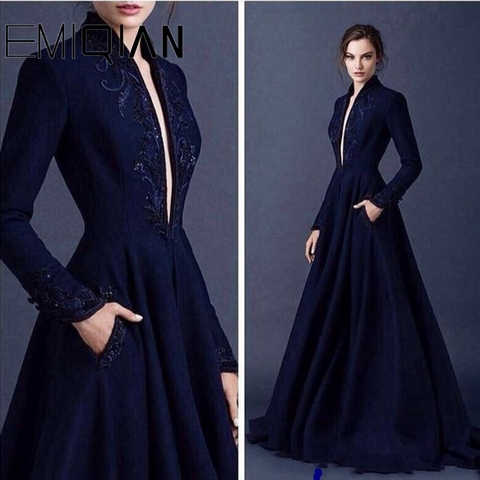 Navy Blue Muslim Evening Dress A-line Long Sleeves Beaded Islamic Dubai Saudi Arabic Long Evening Gown with Plunging V Neck ► Photo 1/4