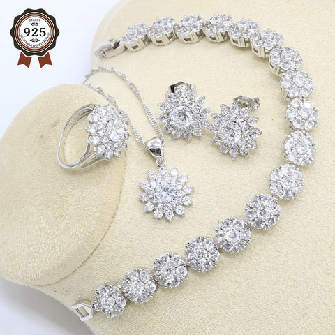 White Zircon  Silver Color Wedding Jewelry Set for Women Bracelet Stud Earring Necklace Pendant Ring Gift Box ► Photo 1/6
