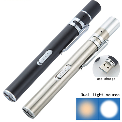 1pcs Dual light source Mini LED Pen Medical Flashlight stainless steel USB Built-in Rechargeable flashlight gift supplies ► Photo 1/6