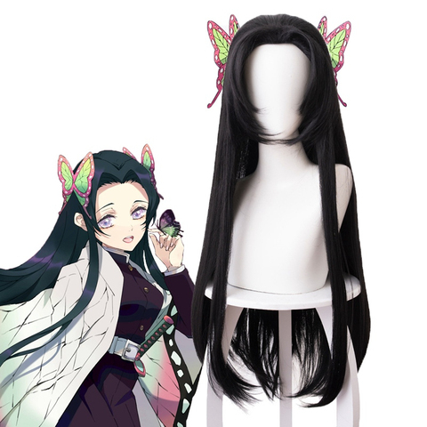 Kochou Kanae Wig Anime Demon Slayer Kimetsu no Yaiba Cosplay Synthetic Black Long Hair Butterfly Headwear Halloween Cos Props ► Photo 1/6