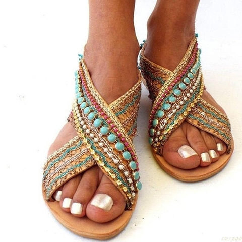 Summer Women Sandals Open Toe Beading Flat Sandals Female Sandalias Shoes Foreign Ethnic Style Bohemian Beach Shoes Plus Size ► Photo 1/6