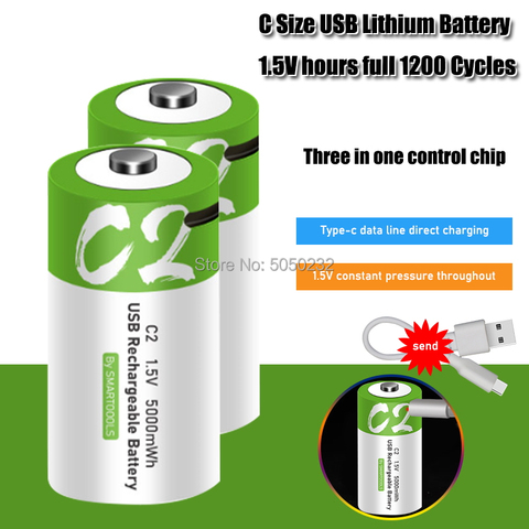 1.5v 5000mWh C Size Lithium Li-Polymer C type USB Rechargeable battery with USB charging cable set ► Photo 1/6