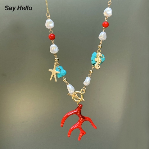 SAY HELLO Vintage Handmade Necklace for Women Shell Coral Pearl Starfish Geometric Turquoises Pendant Necklaces Jewelry A40511 ► Photo 1/6