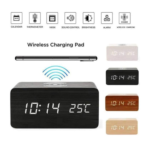LED Electric Alarm Clock Digital Wooden Clocks with Phone Wireless Charger Snooze and Brightness Adjustable ► Photo 1/6