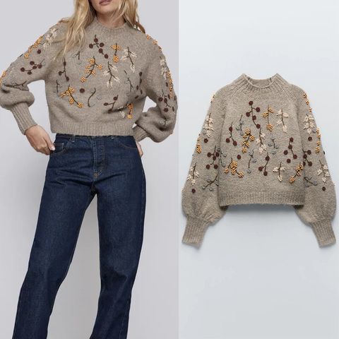 Sweater Women Za 2022 Winter Vintage Beaded Embroidery Knit Women Pullover Sweaters Long Sleeve Loose Warm Sweater Chic Tops ► Photo 1/6