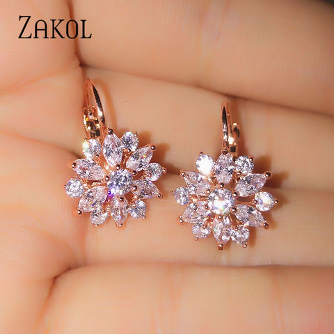 ZAKOL Fashion Rose Gold Color Hoop Earrings Flower Cluster Clear Crystal Zirconia Earring for Women Jewelry Brincos FSEP609 ► Photo 1/6