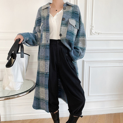 Wool Blend Plaid Mid-length Jacket Women Loose Turn-down Collar Straight Long Sleeve Single Breasted Pockets Autumn Winter Coat ► Photo 1/6