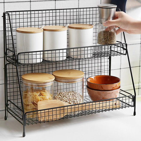 Iron Wire Kitchen Storage Rack Cosmetic Makeup Basket Metal Spice Seasoning Holder Bathroom Shelf Desktop Hollow Dish Organizer ► Photo 1/6