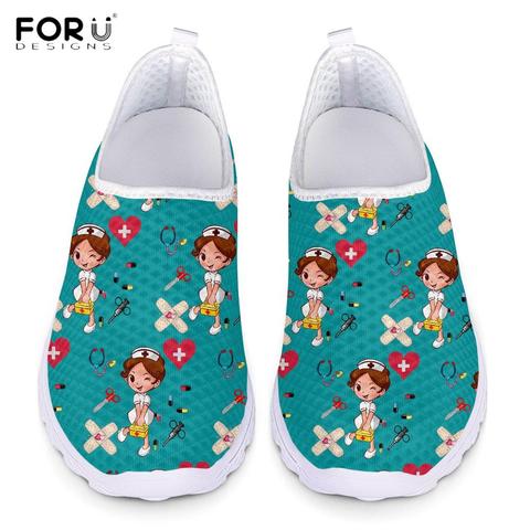 FORUDESIGNS Cute Nurse Pattern Women Spring Summer Flats Shoes 3D Cartoon Nursing Bear Light Mesh Shoes Woman Beach Loafers Girl ► Photo 1/6