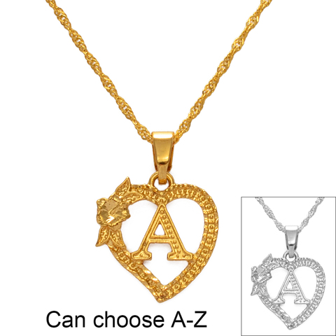 Anniyo A-Z Hawaiian Flower Heart Letters Pendant Necklaces Gold/Silver Color African Initial Jewelry Alphabet Christmas #232706 ► Photo 1/6