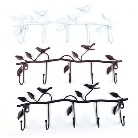 Retro 5 Hooks Wrought Iron Bird Shape Hook Leaf Wall Robe Hanger Key Coat Holder ► Photo 1/6