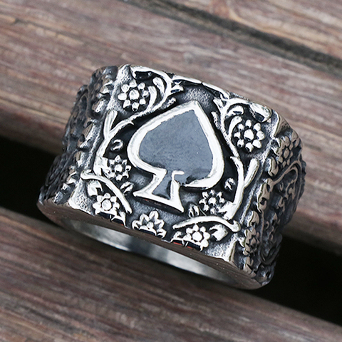 Luxury Stainless Steel Carving Flowers Spades Ring Men Women Goth Punk Ring Heavy Metal Lucky Spades Ring Size 7-15 ► Photo 1/6