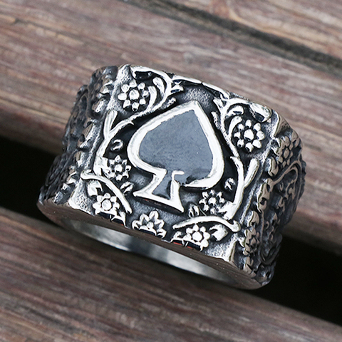Luxury Stainless Steel Carving Flowers Spades Ring Men Women Goth Punk Ring Heavy Metal Lucky Spades Ring Size 7-15 ► Photo 1/6