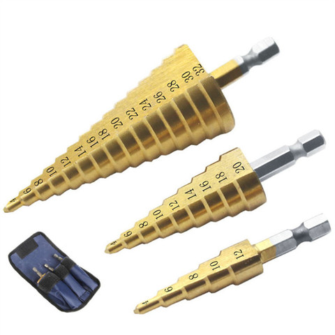 3 Pcs Step Drill Bit 4-32 mm 4-20mm 4-12mm HSS Titanium Coated Drilling Power Tools Metal Wood Hole Cutter Cone Drills ► Photo 1/6