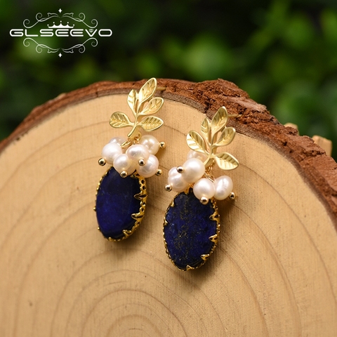 GLSEEVO Natural Lapis Lazuli Charm Drop Earrings For Women Wedding gift Leaf Dangle Earrings Original Design Fine Jewelry GE0897 ► Photo 1/5