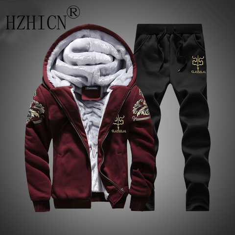 Winter Inner Fleece Hoodies Men New Casual Hooded Warm Sweatshirts Male Thicken Tracksuit 2PC Jacket+Pant Men Moleton Masculino ► Photo 1/6