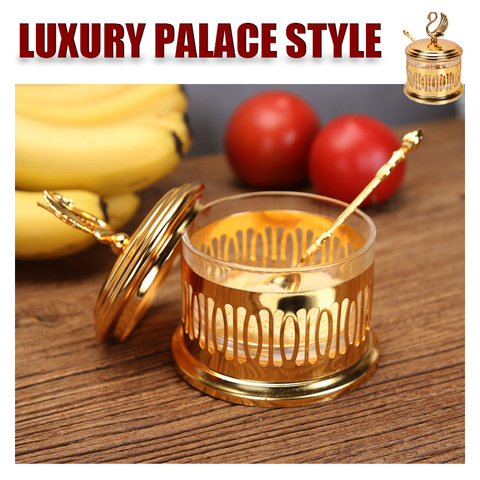 180ml Coffee Sugar Bowl Food Storage Seasoning Box Metal High-end Palace Style Sugar Bowl with Spoon Kitchen Supplies Glass Jar ► Photo 1/6