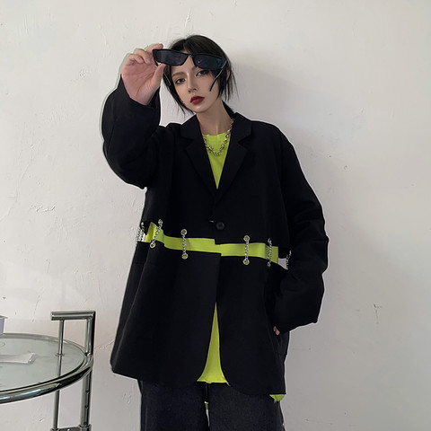 Goth Harajuku Women's Blazers  Designer Metal CHains Jackets Notched Outerwear Hollow Out Tops for girl Loose Jacket LT336S50 ► Photo 1/6