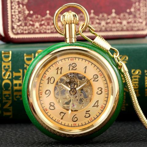 Superb Jade Golden Automatic Mechanical Pocket Watch Self-Winding Clock Skeleton Dial FOB Chain Luxury reloj with Snake Chain ► Photo 1/6