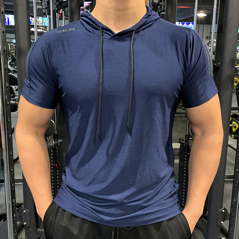 GYM Sport Hooded Running Men T shirt Fitness Slim High Elasticity Breathable Quick Dry Bodybuilding Mens Tshirt Men Tee Tops ► Photo 1/6