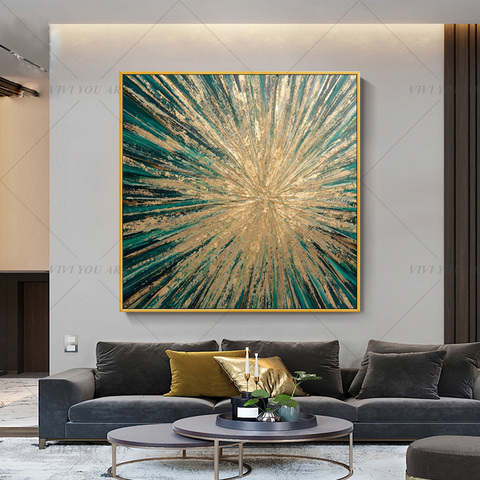 100% Handmade Golden Line Green Abstract Painting  Modern Art Picture For Living Room Modern Cuadros Canvas Art High Quality ► Photo 1/6