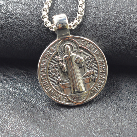Silver color Christian Holy Bible Jewelry Benedict Badge Saint Exorcism Pendants Necklaces Women 316L Stainless Steel ► Photo 1/4